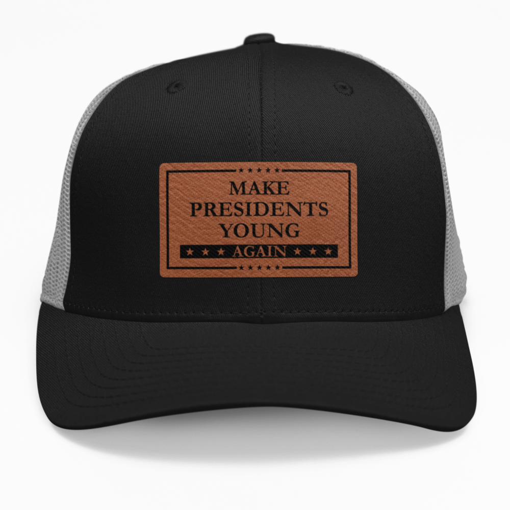 Preview of the "Make Presidents Young Again 2024" leatherette patch on a custom hat.