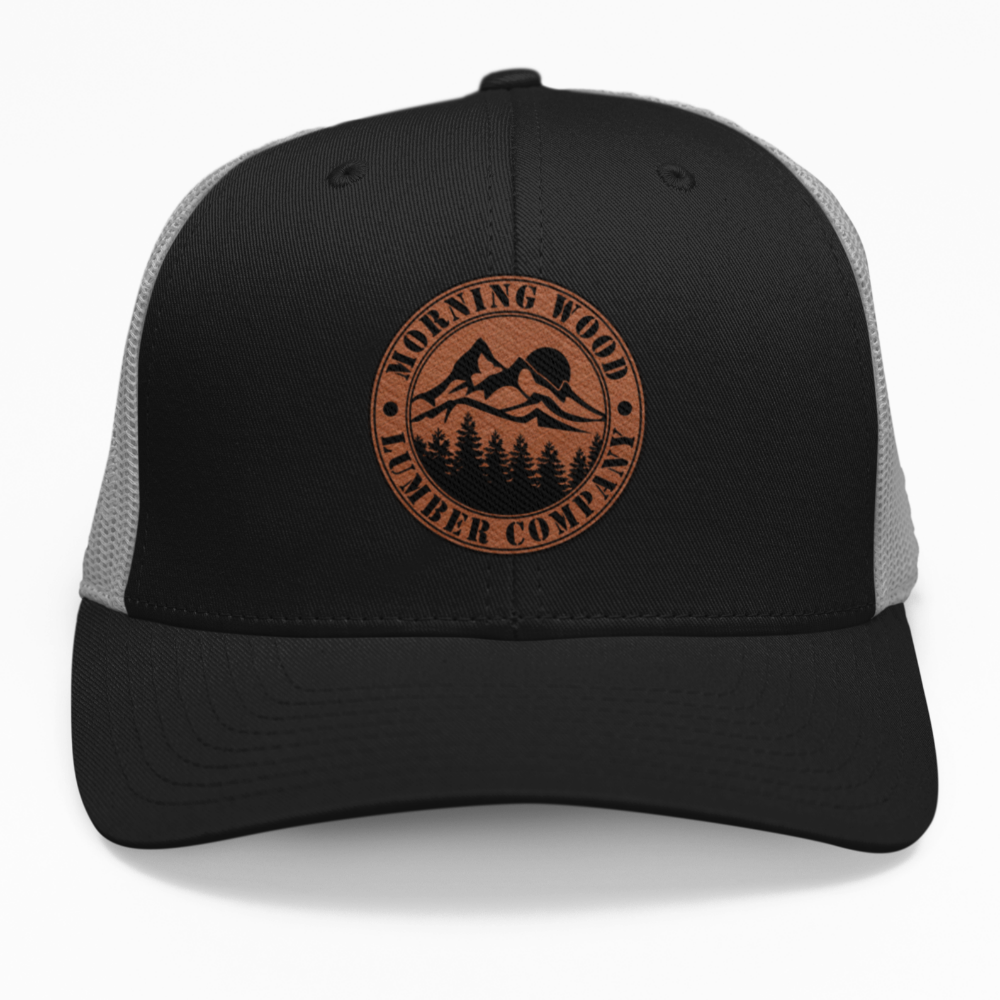 Preview of the "Morning Wood Lumber Company" leatherette patch on a custom hat.