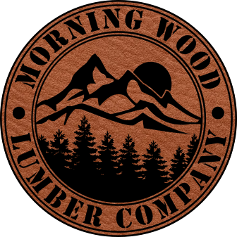 Close-up of the "Morning Wood Lumber Company" leatherette patch featuring humorous text.