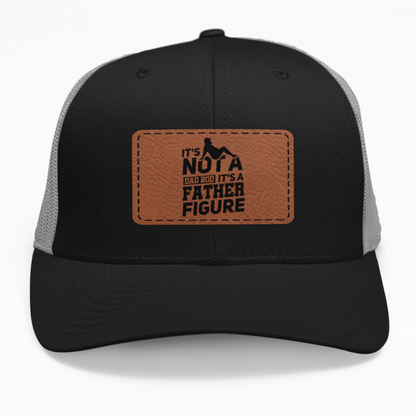 Preview of the "It’s Not A Dad Bod, It’s a Father Figure" leatherette patch on a custom hat.