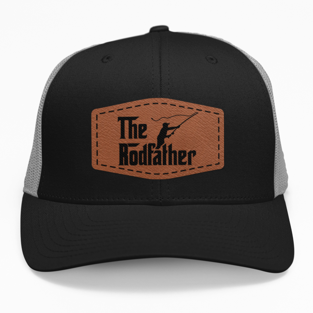 Preview of the "Rod Father" leatherette patch on a custom hat.