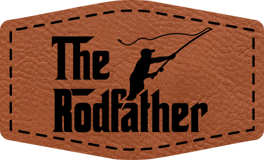 Close-up of the "Rod Father" leatherette patch featuring playful fishing-themed text.