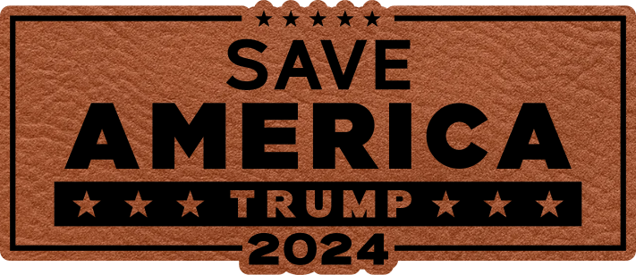 Close-up of the "Save America Trump 2024" leatherette patch featuring bold patriotic text.