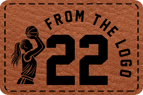 Close-up of the 'From the Logo' leatherette patch featuring Caitlin Clark’s number 22 and lady shooter graphic.