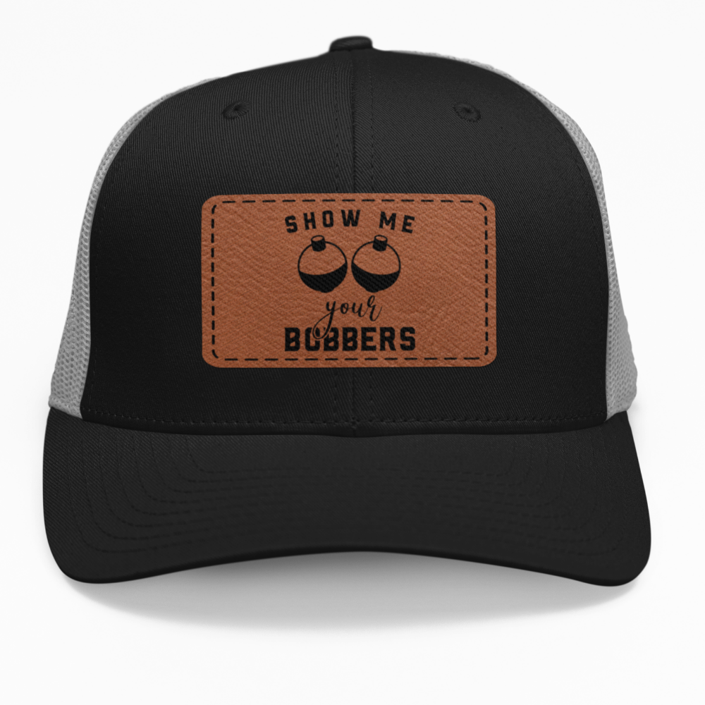 Preview of the "Show Me Your Bobbers" leatherette patch on a custom hat.