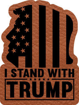 Close-up of the "Stand With Trump" leatherette patch featuring Trump’s silhouette filled with the American flag and the phrase "I Stand With Trump.