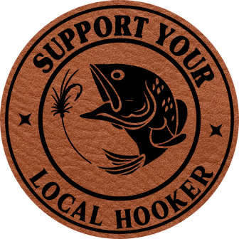 Close-up of the "Support Local Hooker" leatherette patch featuring playful fishing-themed text.