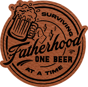 Close-up of the "Surviving Fatherhood One Beer At A Time" leatherette patch featuring a hand raising a beer mug.