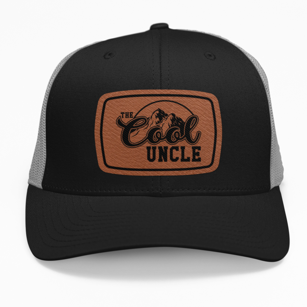 Preview of the "Customizable 'The Cool'" leatherette patch on a hat, showcasing personalized text.