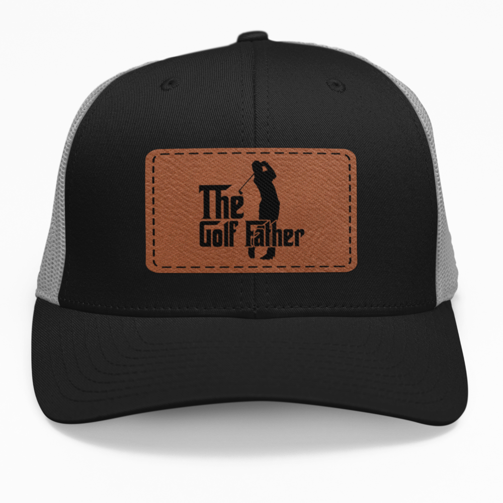 Preview of the "Golf Father" leatherette patch on a custom hat.