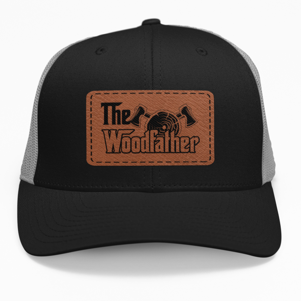 Preview of the "Wood Father" leatherette patch on a custom hat.