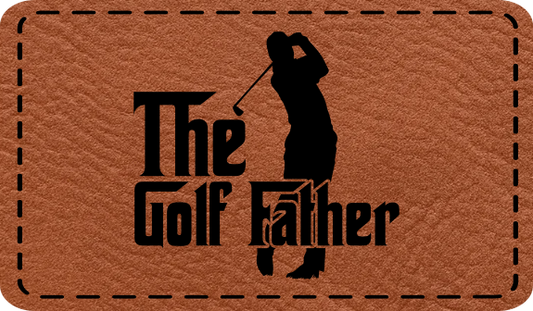 Close-up of the "Golf Father" leatherette patch featuring a bold and classic design.