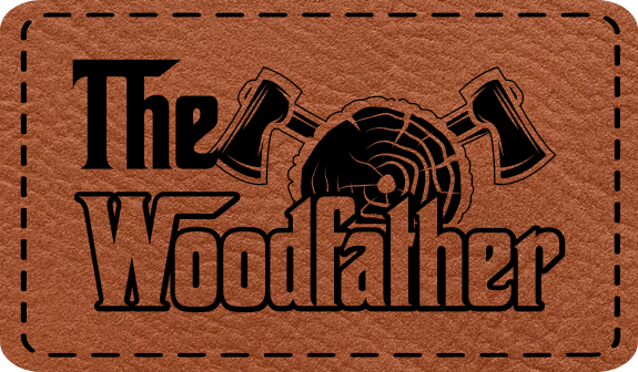 Close-up of the "Wood Father" leatherette patch featuring crossed axes and rugged text.