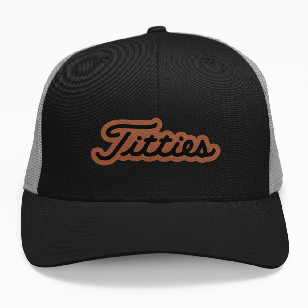 Preview of the "Titties" leatherette patch on a custom golf hat.