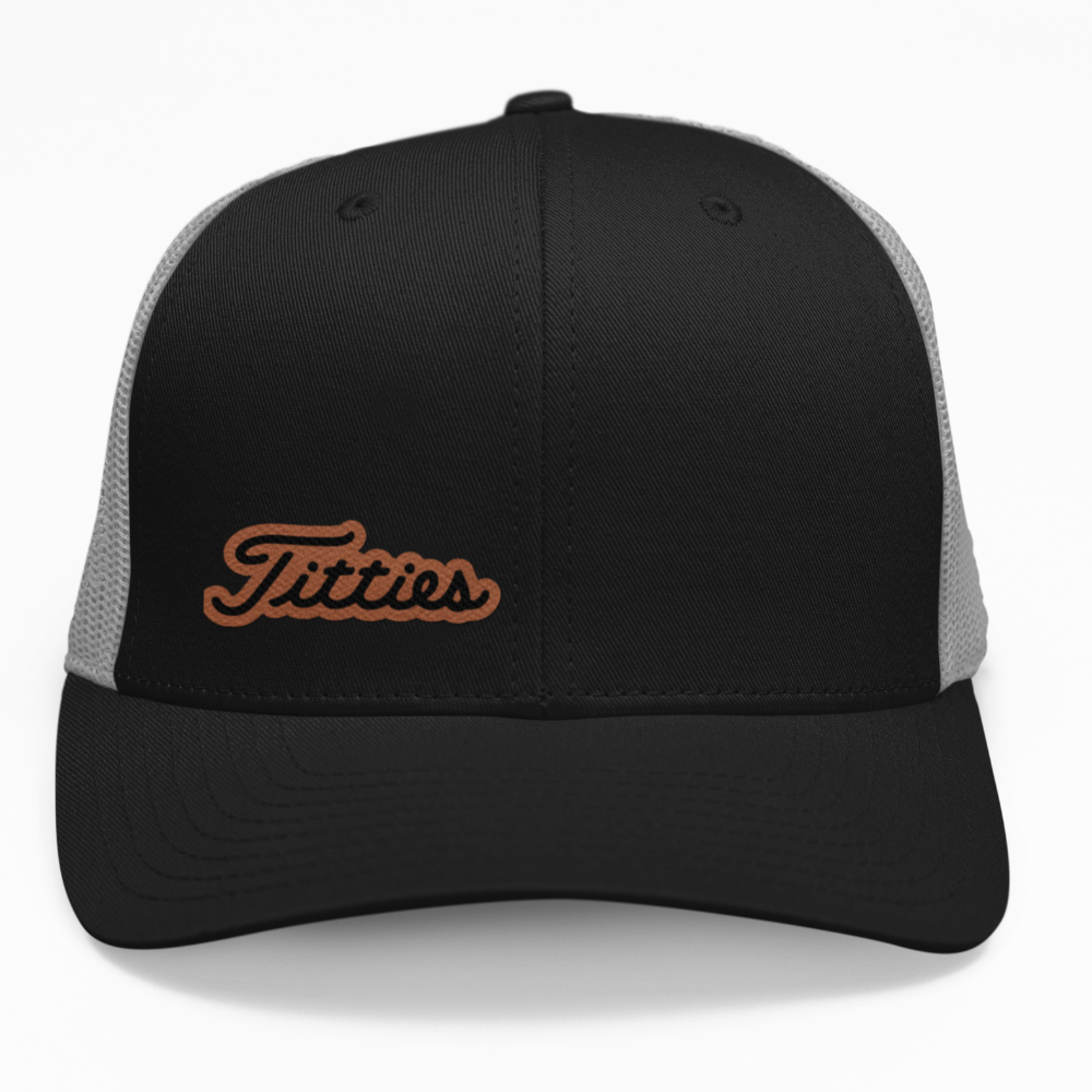 Preview of the "Titties" leatherette patch on a custom golf hat.