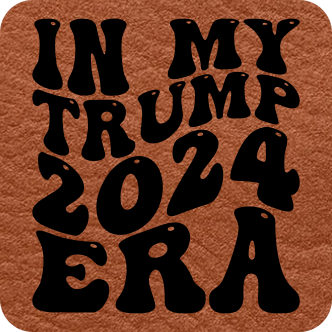 Close-up of the "In My Trump 2024 Era" leatherette patch featuring retro-style text.