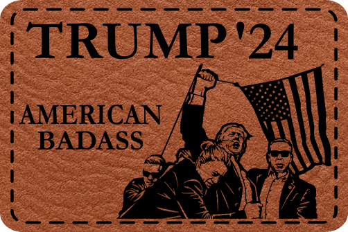 Close-up of the "American Badass" leatherette patch featuring Trump raising his fist in front of the American flag, surrounded by secret service.