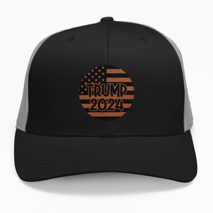 Preview of the 'Trump 2024' leatherette patch with the American flag on a custom hat, showing how the design looks on an adjustable snapback.