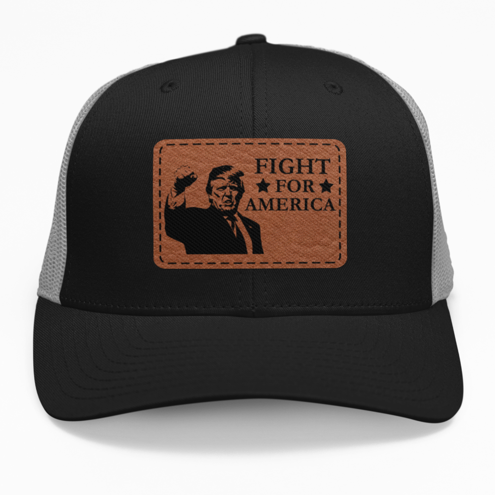 Preview of the "TRUMP - Fight for America" leatherette patch on a custom hat.