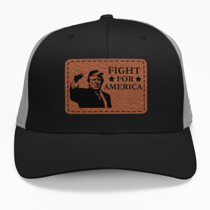 Preview of the "TRUMP - Fight for America" leatherette patch on a custom hat.