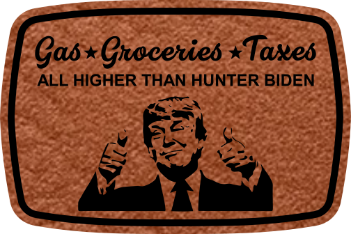 Close-up of the "Trump Thumbs Up" leatherette patch featuring Trump’s thumbs up and the text "High Gas, Groceries, Taxes."