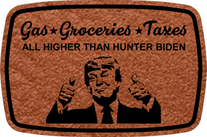 Close-up of the "Trump Thumbs Up" leatherette patch featuring Trump’s thumbs up and the text "High Gas, Groceries, Taxes."