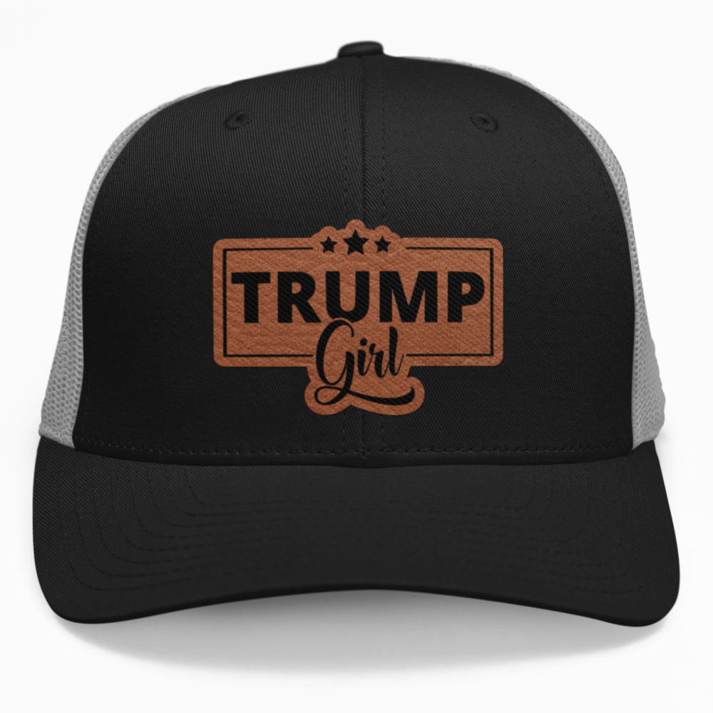 Preview of the "Trump Girl" leatherette patch on a custom hat.