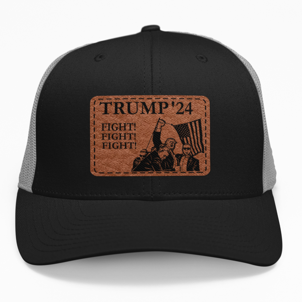 Preview of the "Trump 2024 'Fight Fight Fight'" leatherette patch on a custom hat.