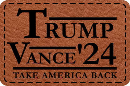 Close-up of the "Take America Back Trump-Vance 2024" leatherette patch featuring bold political text.