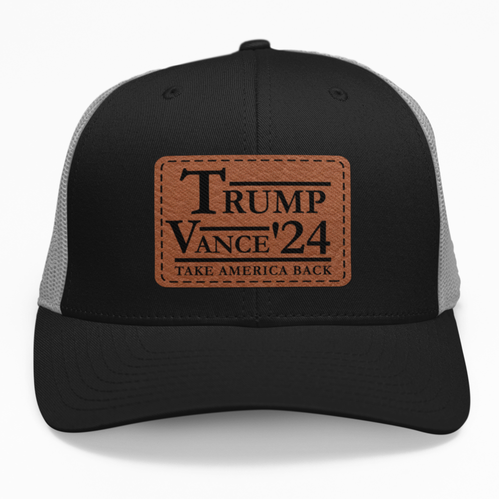 Preview of the "Take America Back Trump-Vance 2024" leatherette patch on a custom hat.