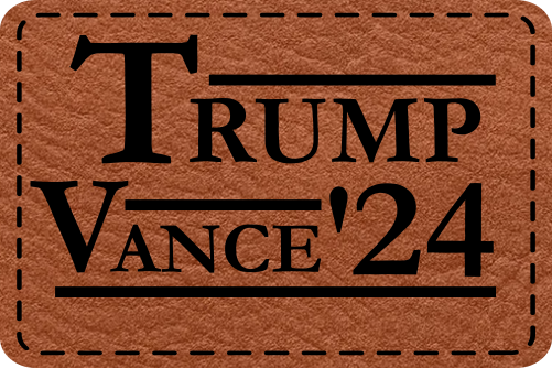 Close-up of the "Trump-Vance 2024" leatherette patch in a classic Reagan-Bush style.