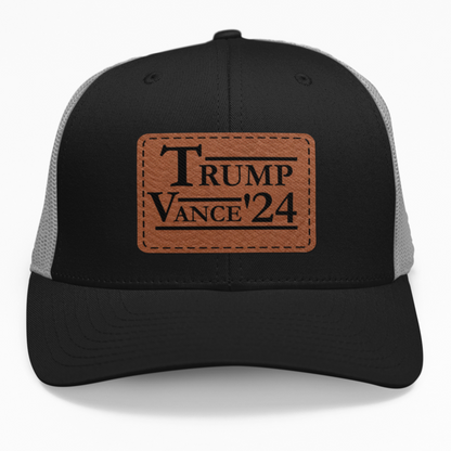 Preview of the "Trump-Vance 2024" leatherette patch on a custom hat.