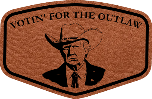 Close-up of the "Votin' For the Outlaw" leatherette patch featuring Trump in a cowboy hat.