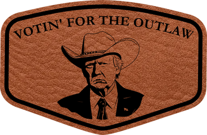 Close-up of the "Votin' For the Outlaw" leatherette patch featuring Trump in a cowboy hat.