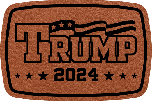 Close-up of the "Trump 2024" leatherette patch featuring the name Trump and a small American flag above it.