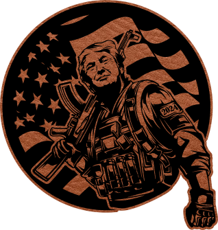 Close-up of the "Trump Operator" leatherette patch featuring Trump in a military operator style with the American flag.