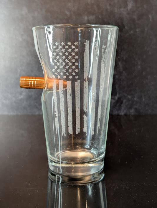 Patriotic Pint Glass with American Flag with .50cal bullet