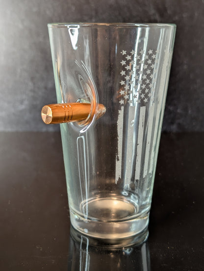 Patriotic Pint Glass with American Flag with .50cal bullet