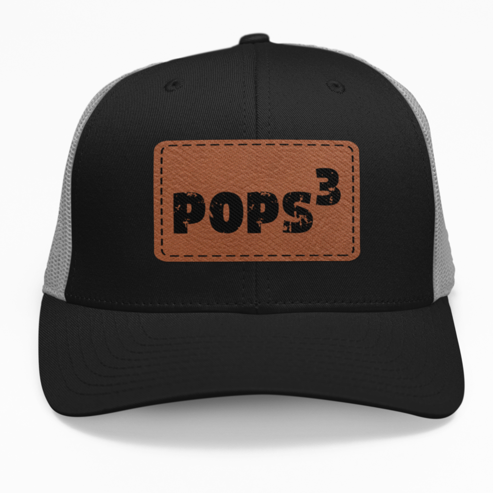 Preview of the customizable "Pops" leatherette patch on a hat, showcasing the personalized number.